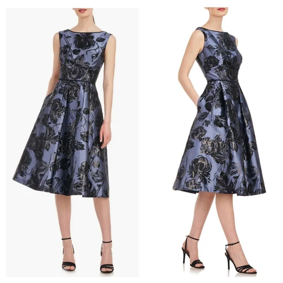 Kay Unger Jackie Floral Jacquard Sleeveless Midi Dress Blue Black Size 8 - Picture 2 of 7